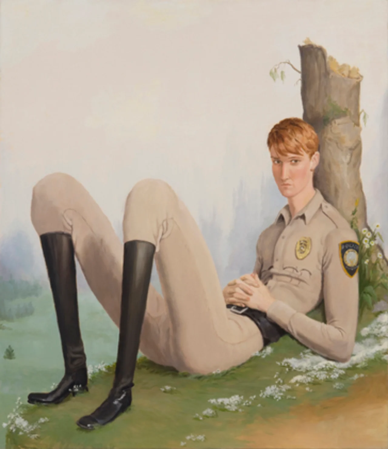Jansson Stegner, ${esc.q}Cop Leaning on a Tree,${esc.q} 2010, oil on linen