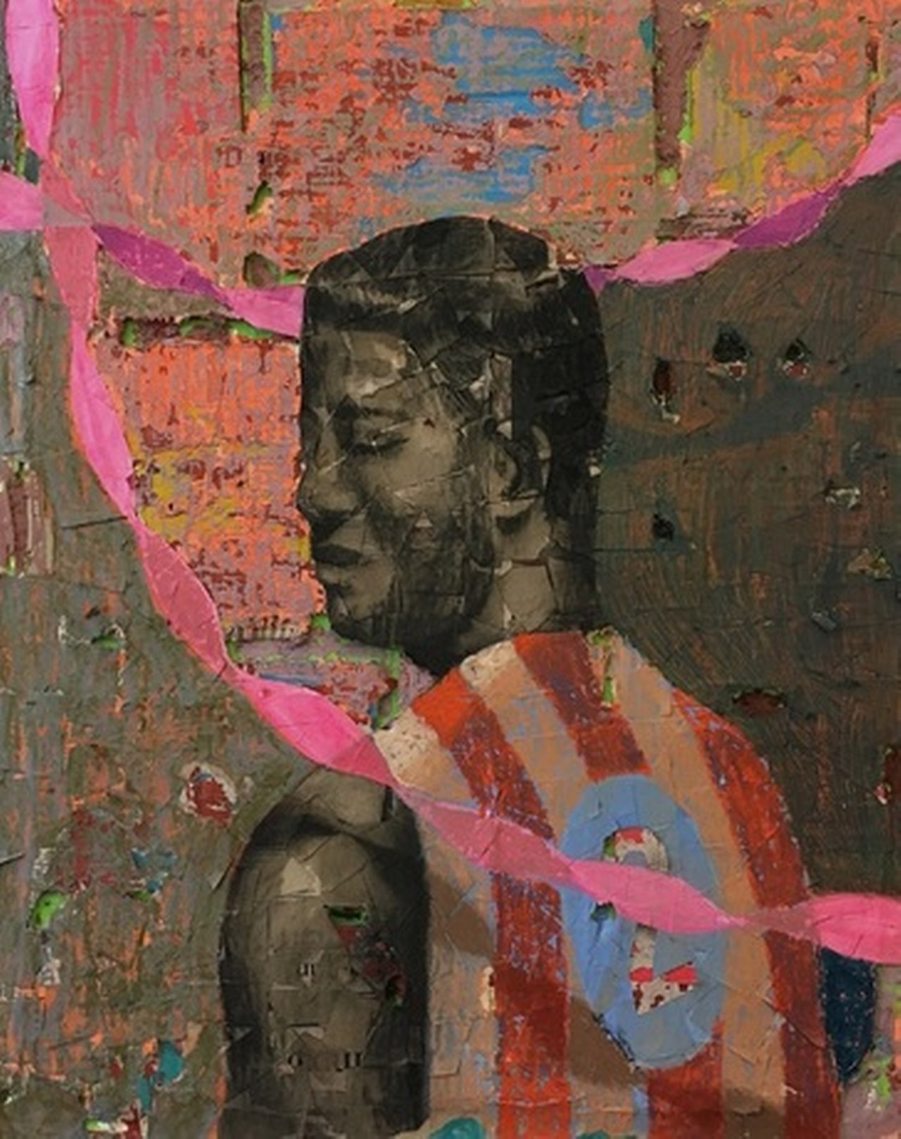 Derek Fordjour, ${esc.q}No. 83,${esc.q} 2018. Acrylic, charcoal and oil pastel on newspaper mounted on canvas. Courtesy of Derek Fordjour